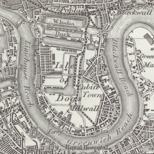 1890s map of the Isle of Dogs in London.