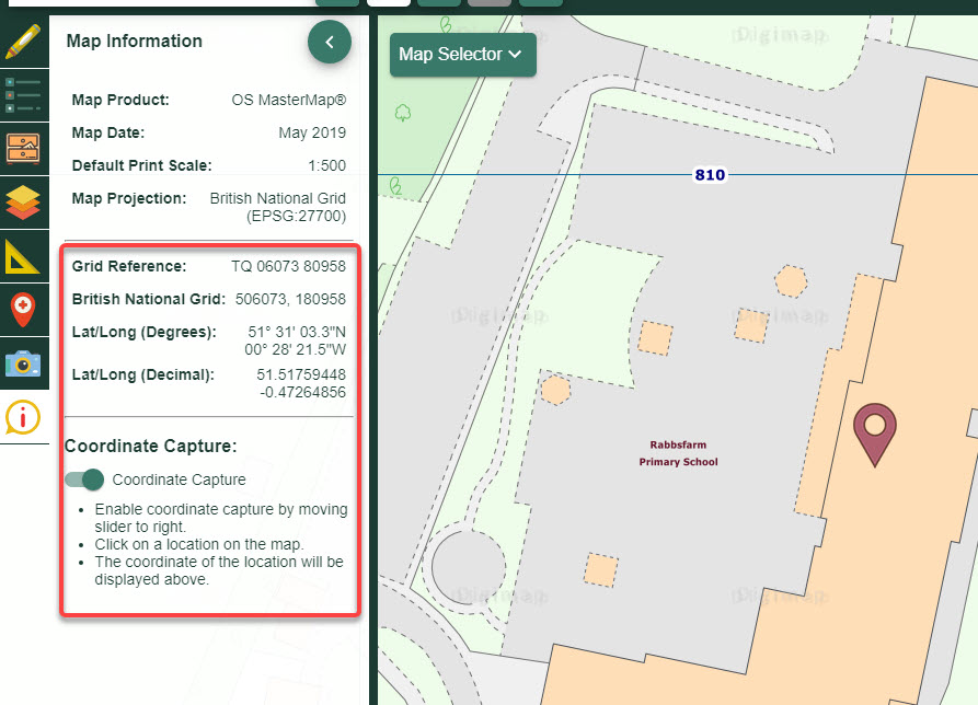 Map information menu showing Coordinate Capture results