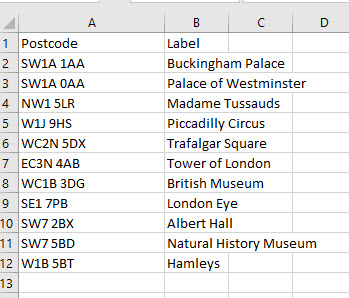 Image of spreadsheet with 2 columns, 1 with postcodes, the other labels