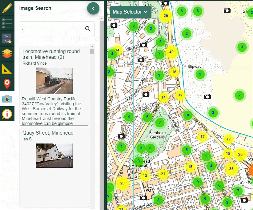 Image search tool with an asterisk in the search box and images displayed on map