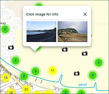 Map with image clusters and a box displaying three images
