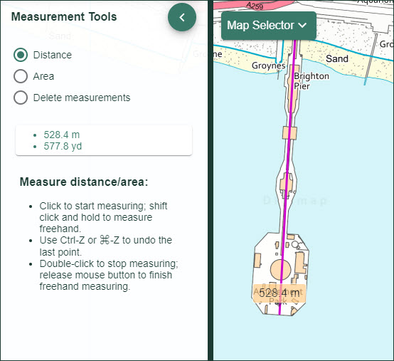 Measurement tool menu displaying distance measured