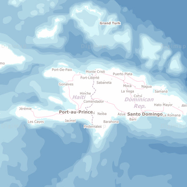 Map of Haiti and the Dominican Republic, using Natural Earth mapping.