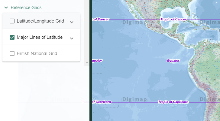 Overlays menu with Major lines of Latitude checked