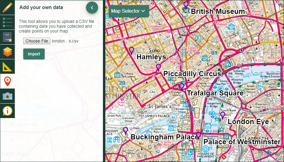Image of Add points menu and imported data on map (London landmarks)